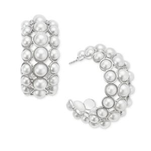 On 34th Silver-Tone Medium Imitation Pearl C-Hoop Earrings, 1.1" NEW